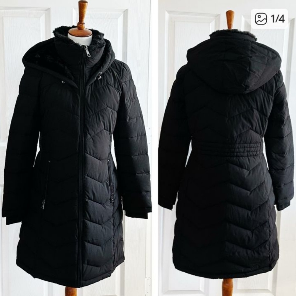 New Andrew Marc Women's Ladies Long Stretch Parka Hooded Puffer Jacket Black  XL